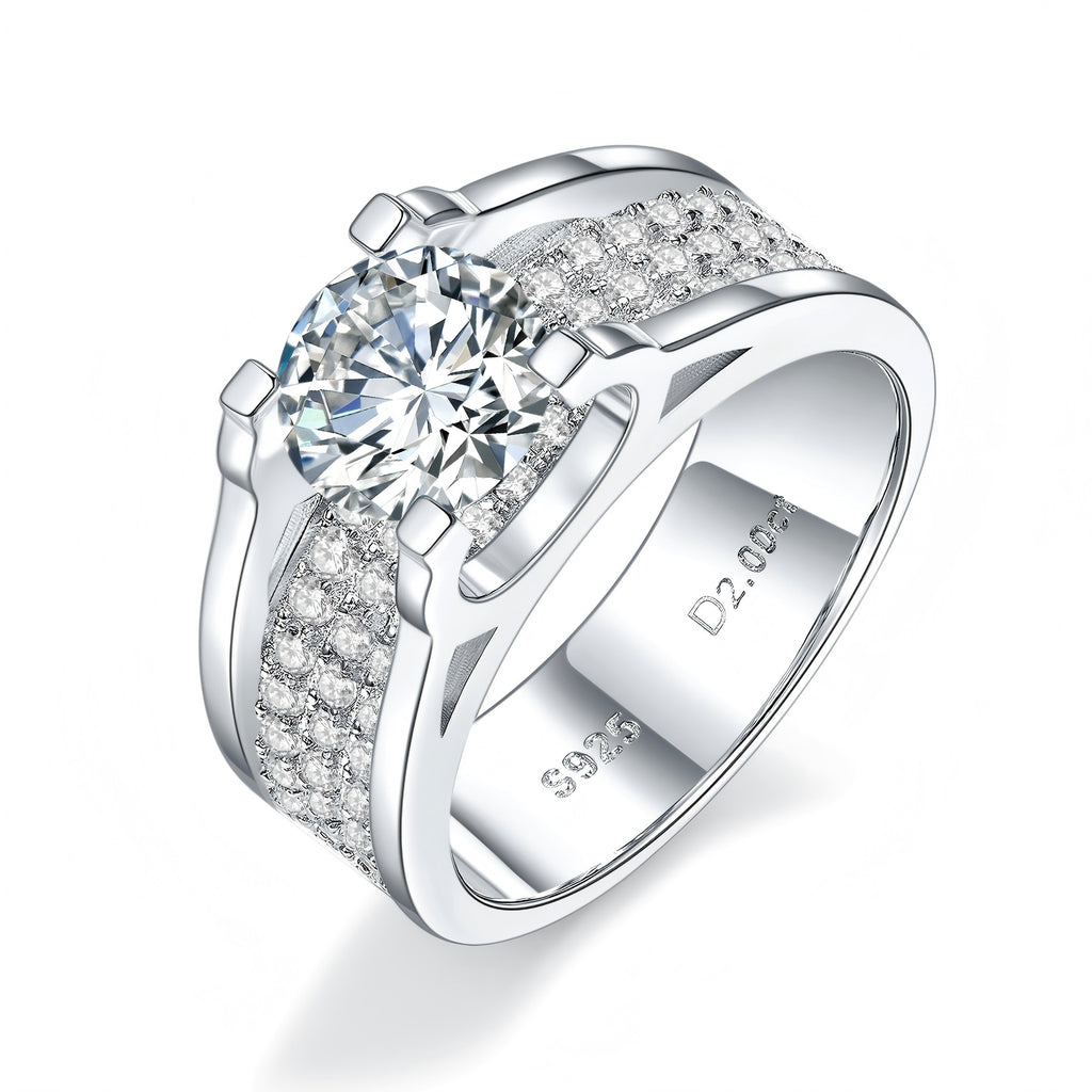 Sterling Silver Wide Band Moissanite Ring, 1ct or 2ct Stone — front view