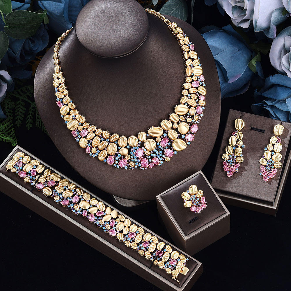 Oversized Necklace and Earrings Wedding Set in Pastel, Sapphire Blue Green or Olive Purple — detail close-up