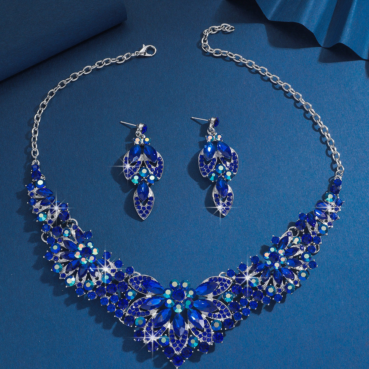 Bridal Necklace and Earrings Set, Silver Red Green or Blue Stones — front view
