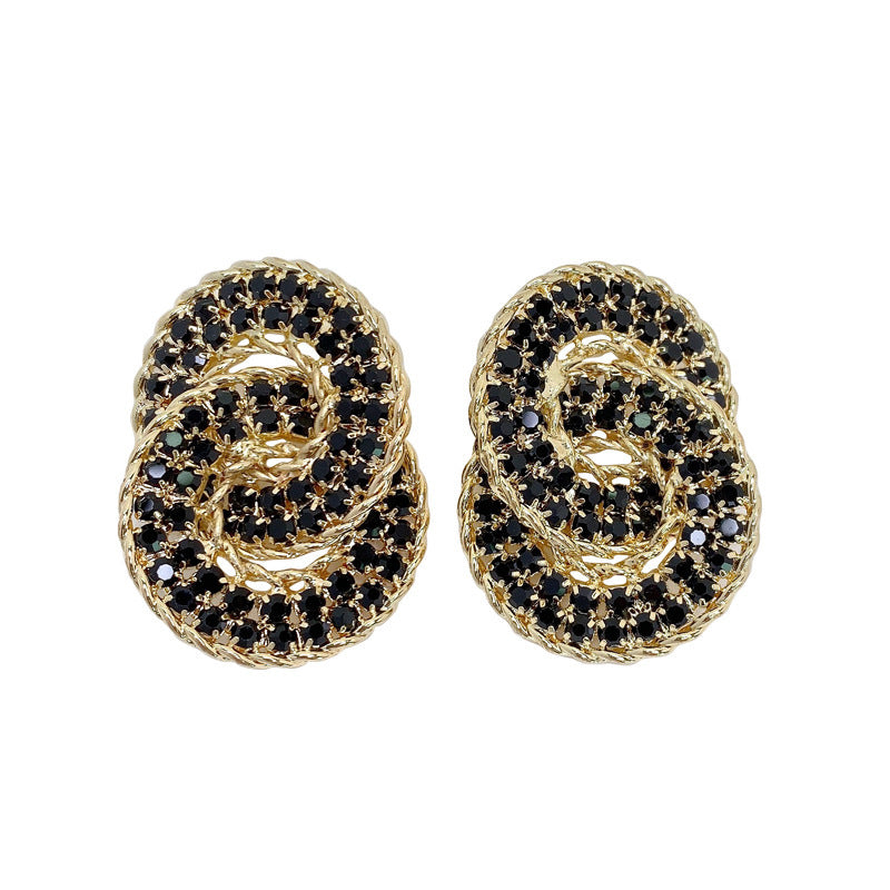 Double Arc Rhinestone Drop Earrings in Silver or Gold Tone, White — detail close-up