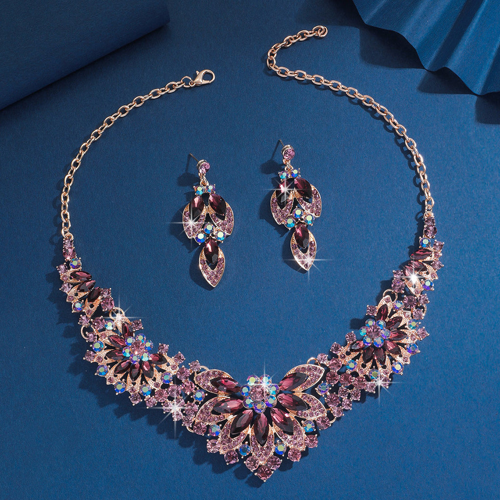 Bridal Necklace and Earrings Set, Silver Red Green or Blue Stones — detail close-up