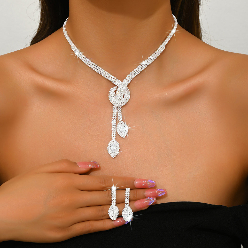 Geometric Teardrop Zircon Necklace and Earrings Set, Gold Silver Rose Gold or Royal Blue — finish detail