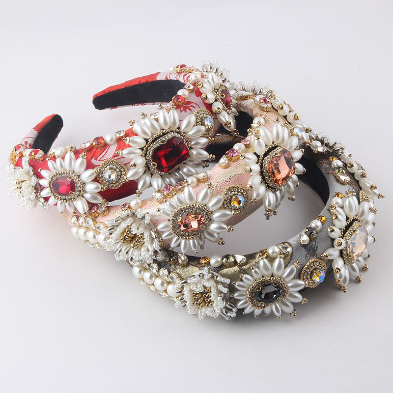 Baroque Padded Headband with Rhinestones and Faux Pearls, Four Designs — front view