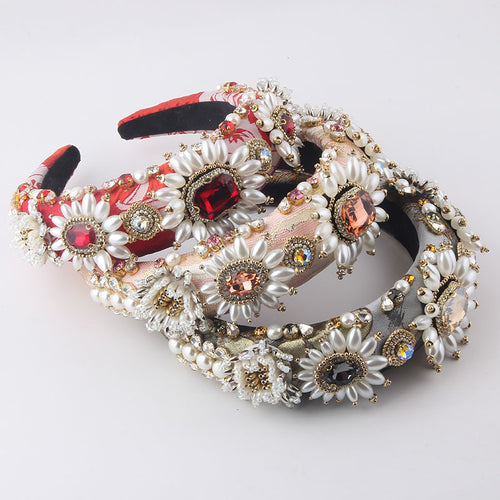 Baroque Padded Headband with Rhinestones and Faux Pearls, Four Designs — front view