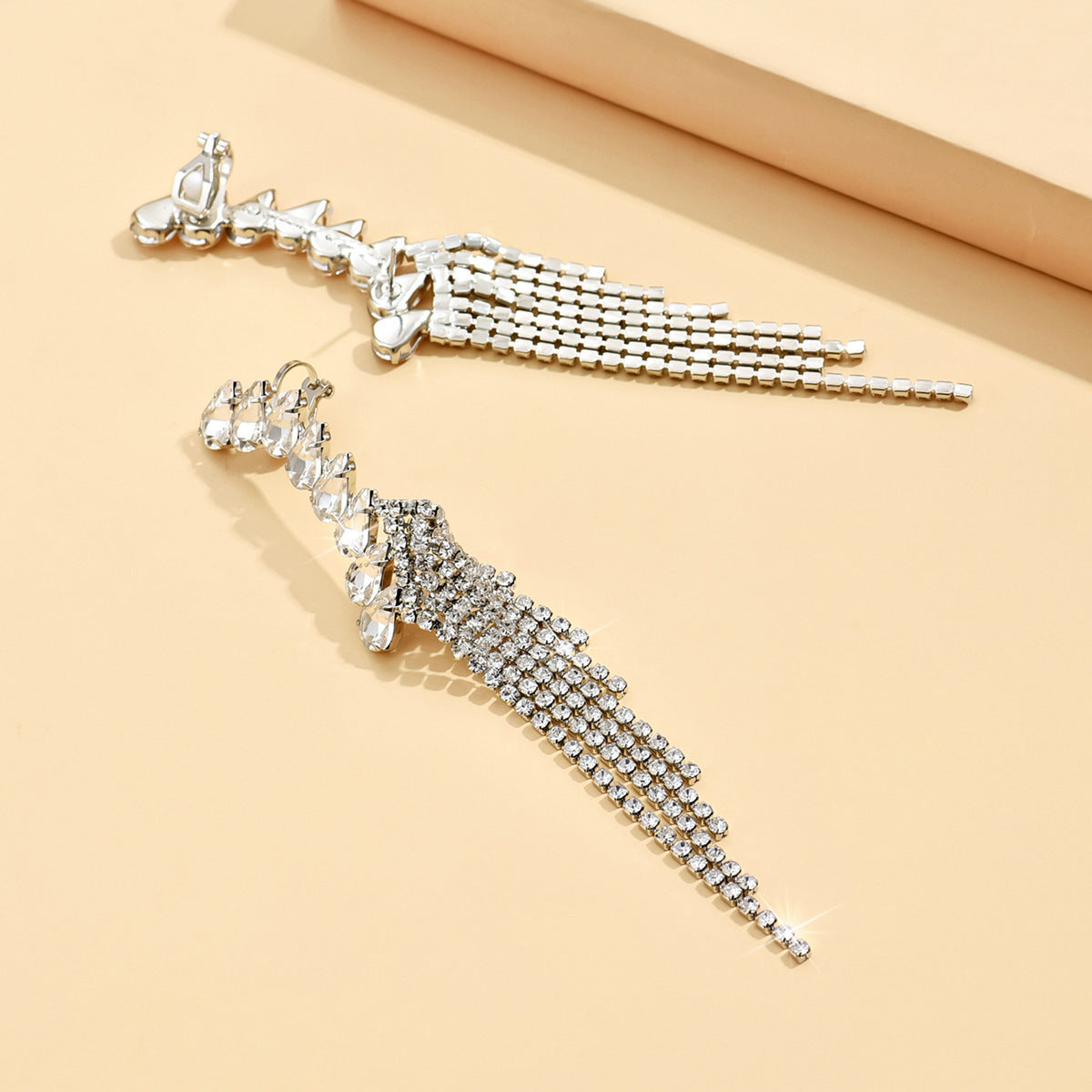 Rhinestone Tassel Drop Earrings for Women, Long Fringe Design — alternate angle