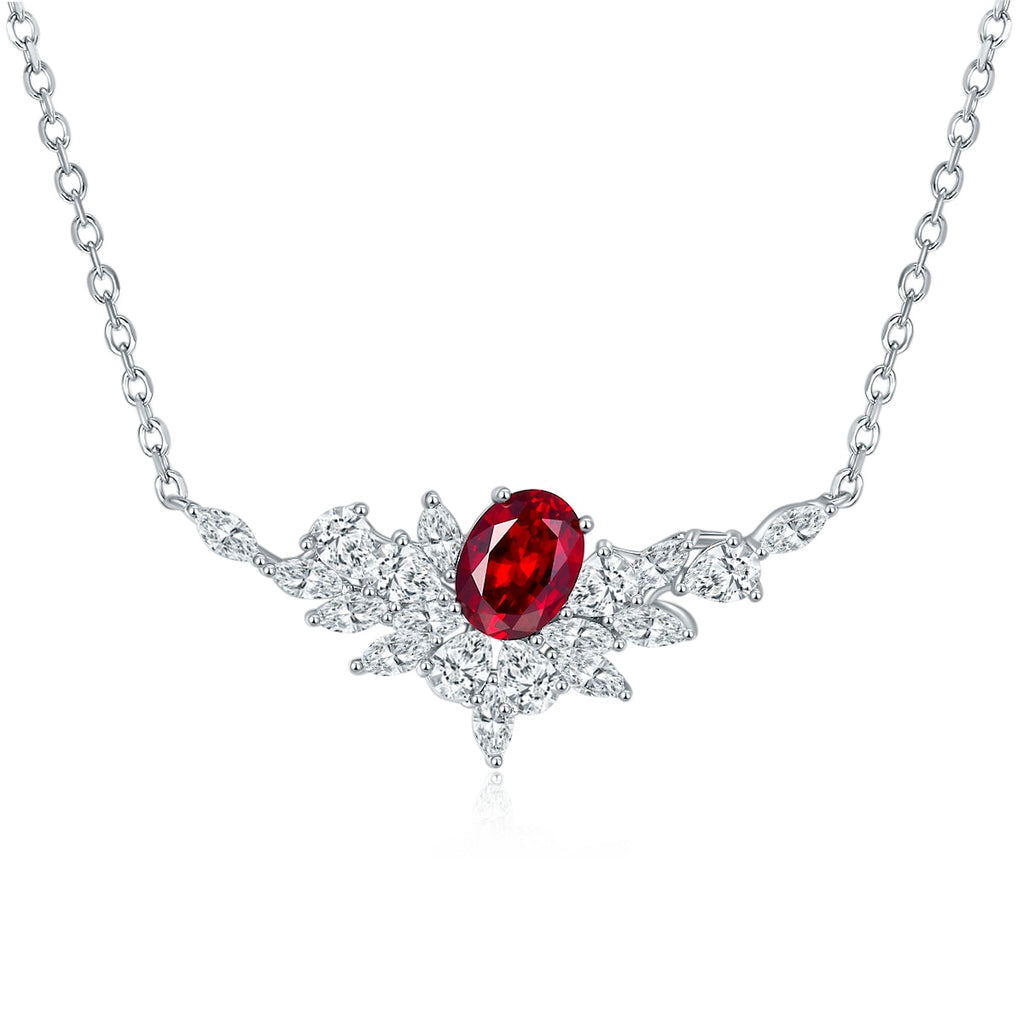 Sterling Silver Lab-Grown Ruby or Sapphire Necklace – Oval with Marquise Cluster