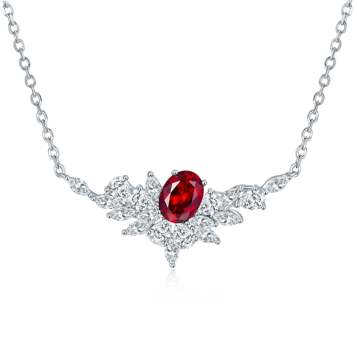 Sterling Silver Lab-Grown Ruby or Sapphire Necklace – Oval with Marquise Cluster