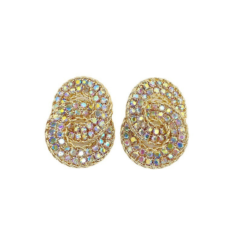 Double Arc Rhinestone Drop Earrings in Silver or Gold Tone, White — shown in use