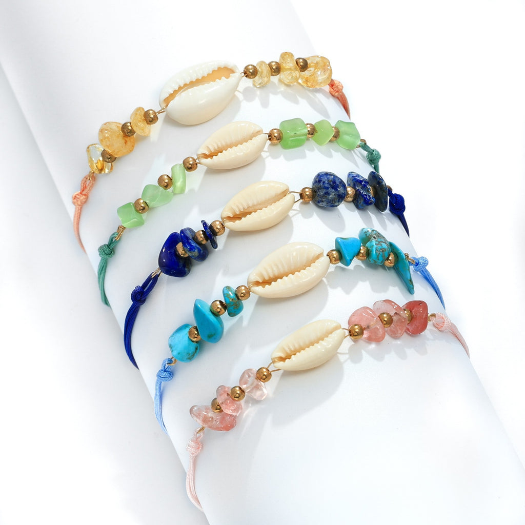 Hand-Woven Shell and Natural Stone Bracelet, Four Styles — detail close-up