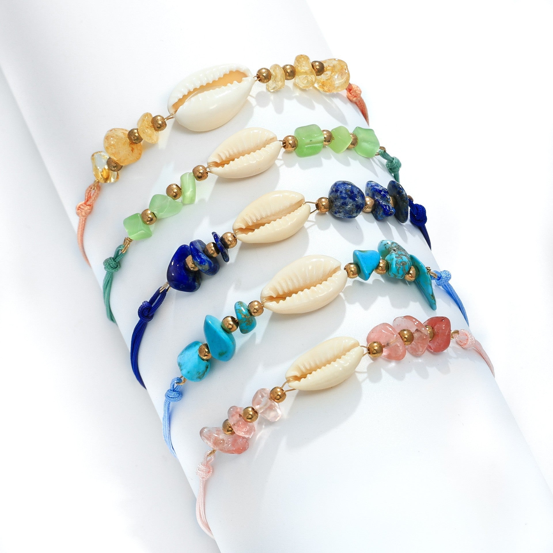 Hand-Woven Shell and Natural Stone Bracelet, Four Styles — detail close-up