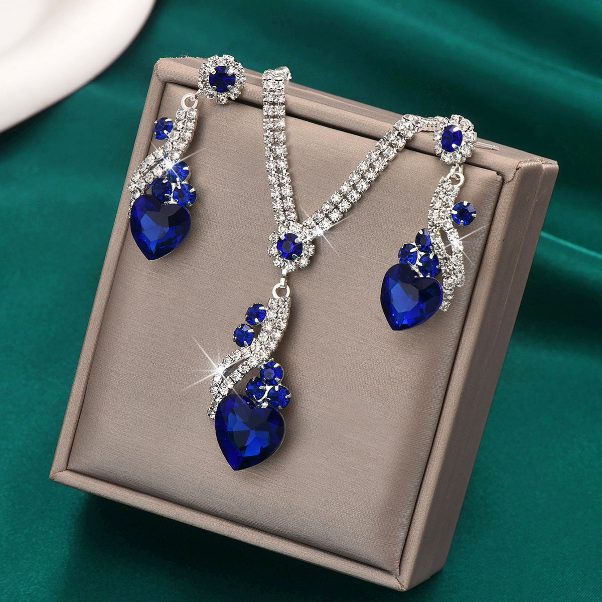 Crystal Heart Necklace and Earrings Set in Royal Blue, Green — detail close-up