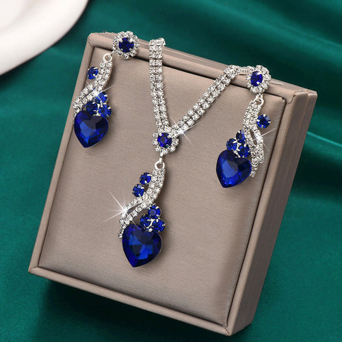 Crystal Heart Necklace and Earrings Set in Royal Blue, Green — detail close-up