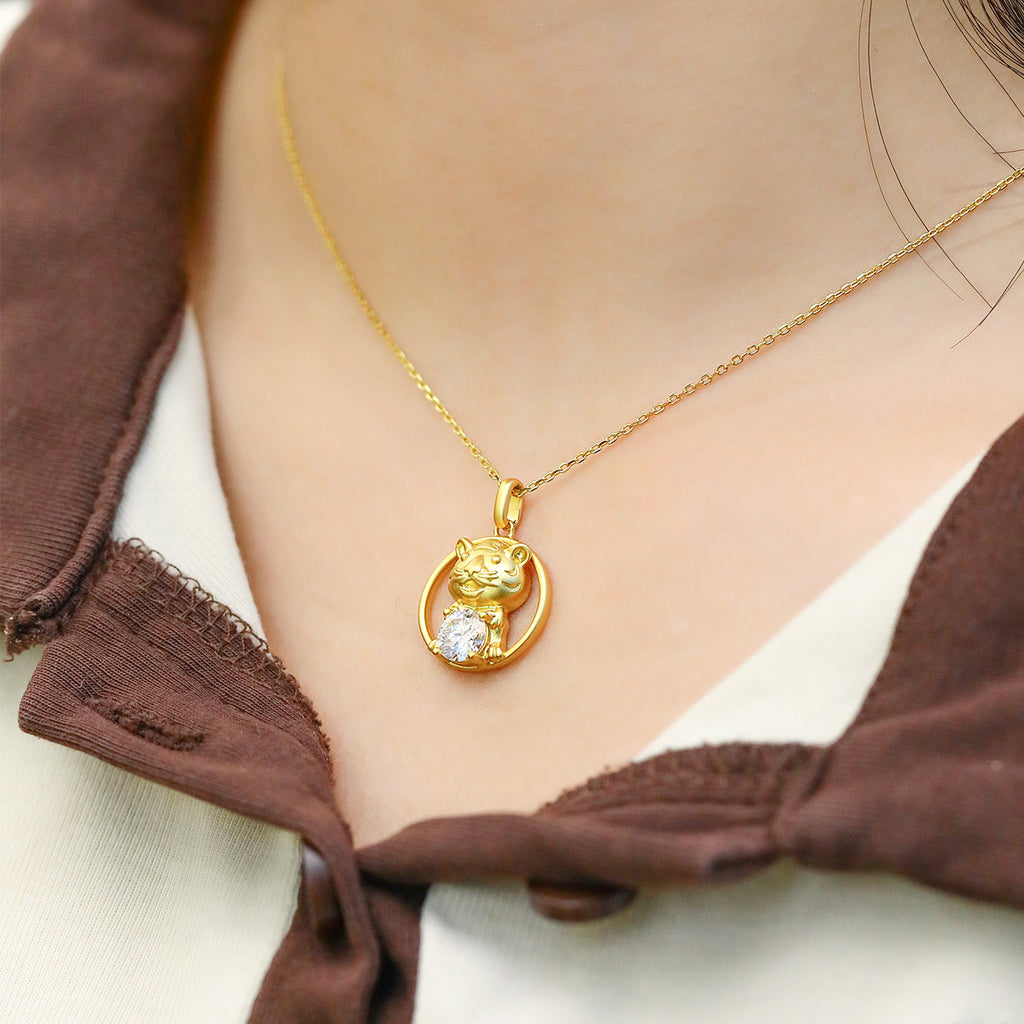 Sterling Silver Chinese Zodiac Tiger Necklace With 1 ct Moissanite, D Color VVS1 — front view