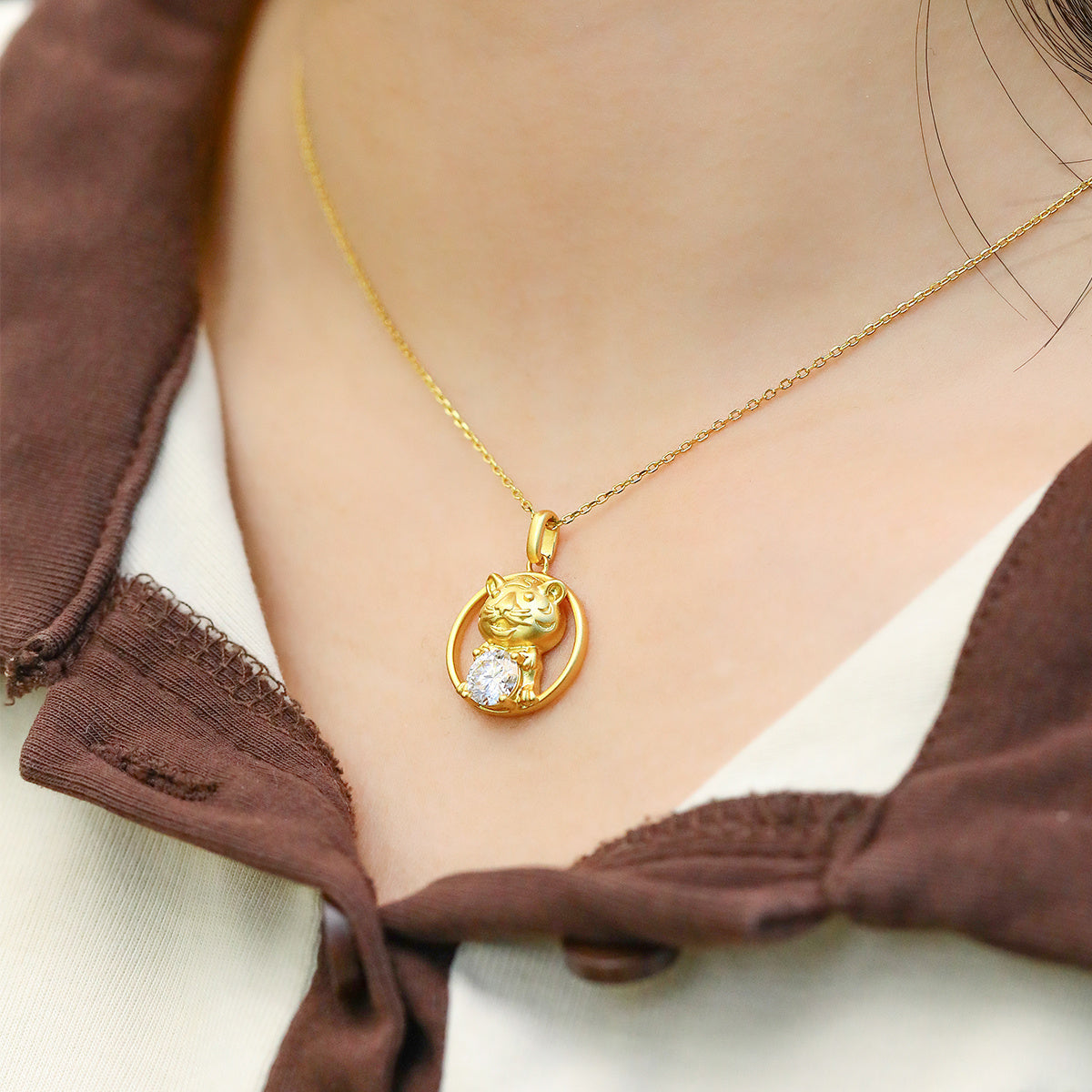 Sterling Silver Chinese Zodiac Tiger Necklace With 1 ct Moissanite, D Color VVS1 — front view