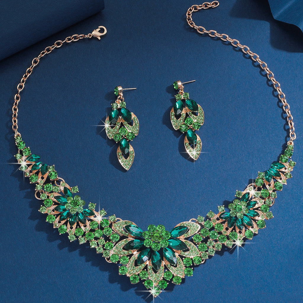 Bridal Necklace and Earrings Set, Silver Red Green or Blue Stones — scale reference