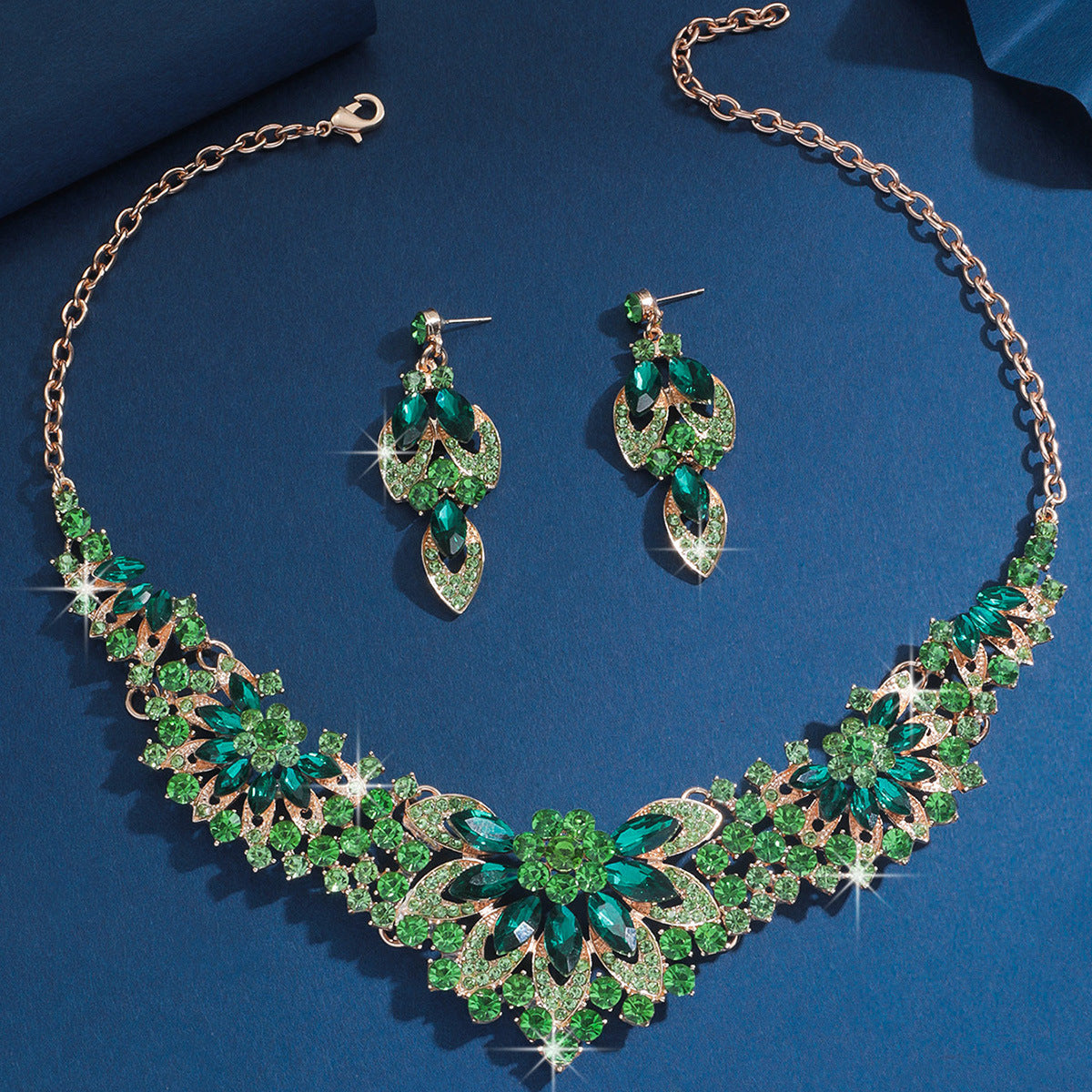 Bridal Necklace and Earrings Set, Silver Red Green or Blue Stones — scale reference