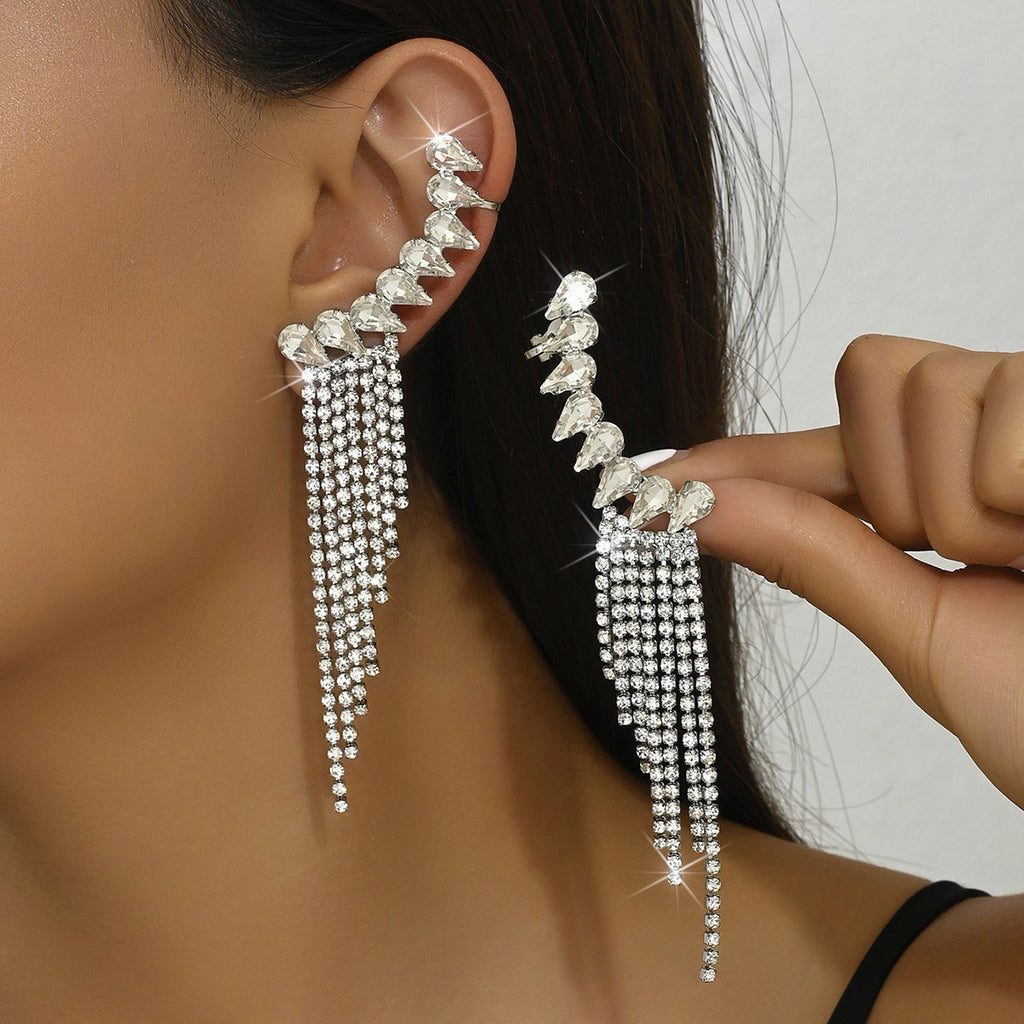 Rhinestone Tassel Drop Earrings for Women, Long Fringe Design — side view