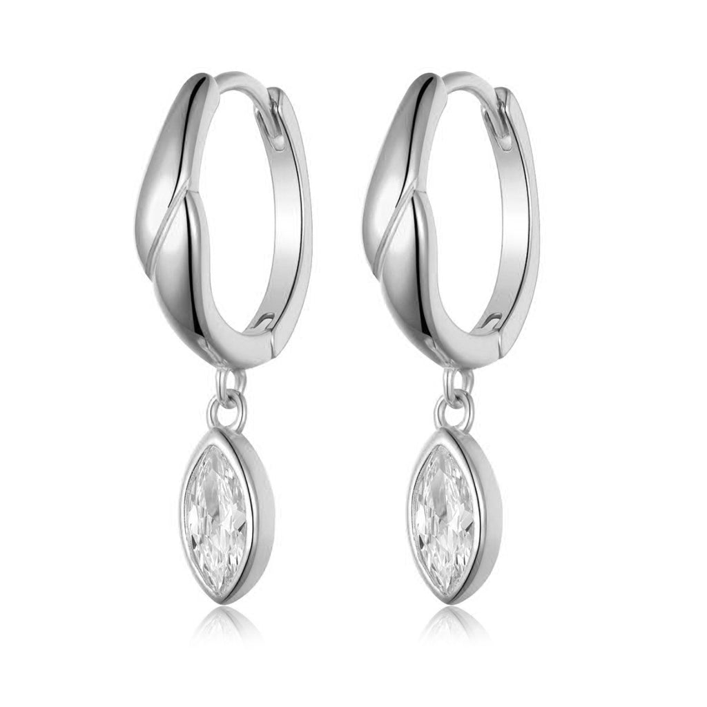 Sterling Silver Twist Huggie Drop Earrings With Marquise-Cut Moissanite, Platinum or Gold-Plated