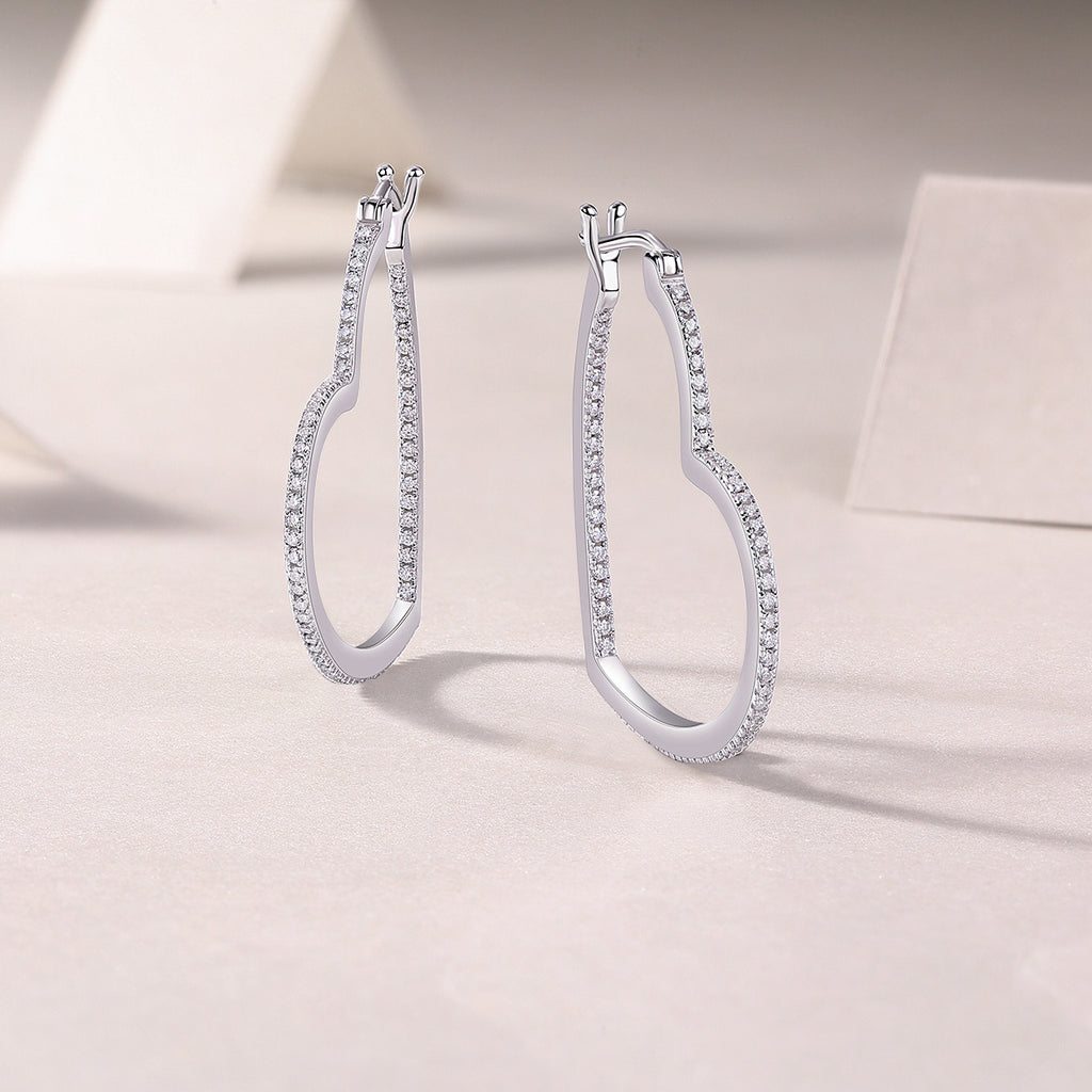 Sterling Silver Open Heart Hoop Earrings With 44 Pave Moissanite Stones, D-VVS1 — alternate angle