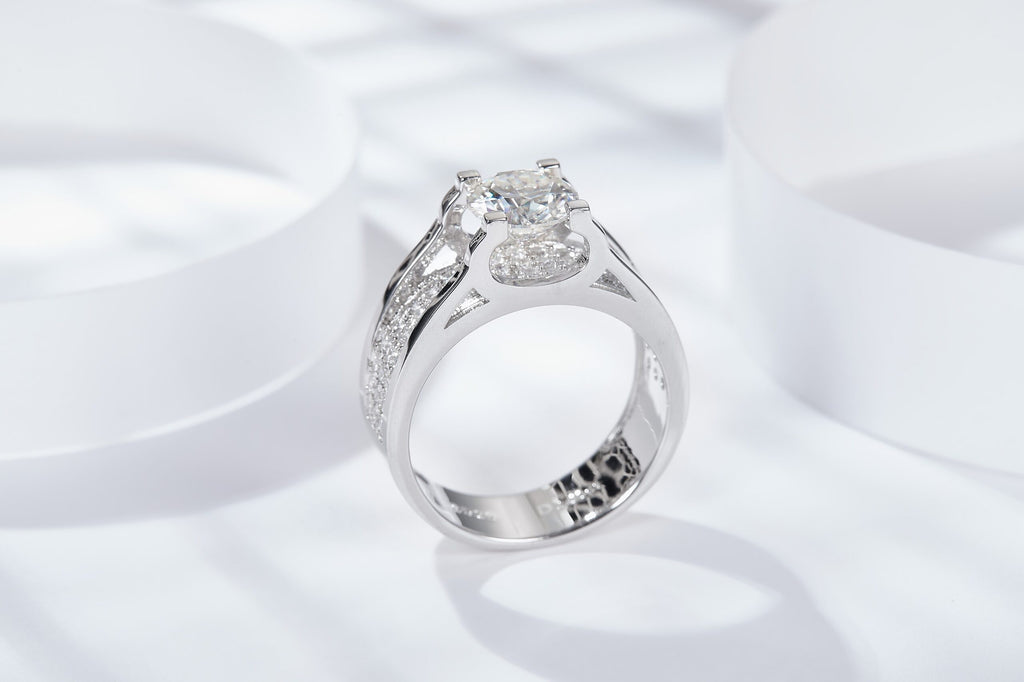 Sterling Silver Wide Band Moissanite Ring, 1ct or 2ct Stone — front view