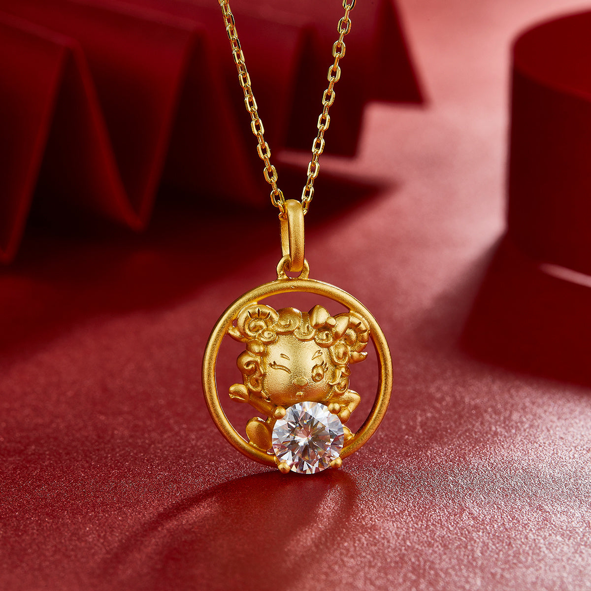 Sterling Silver Chinese Zodiac Goat Necklace With 1 ct Moissanite, D Color VVS1 — shown in use