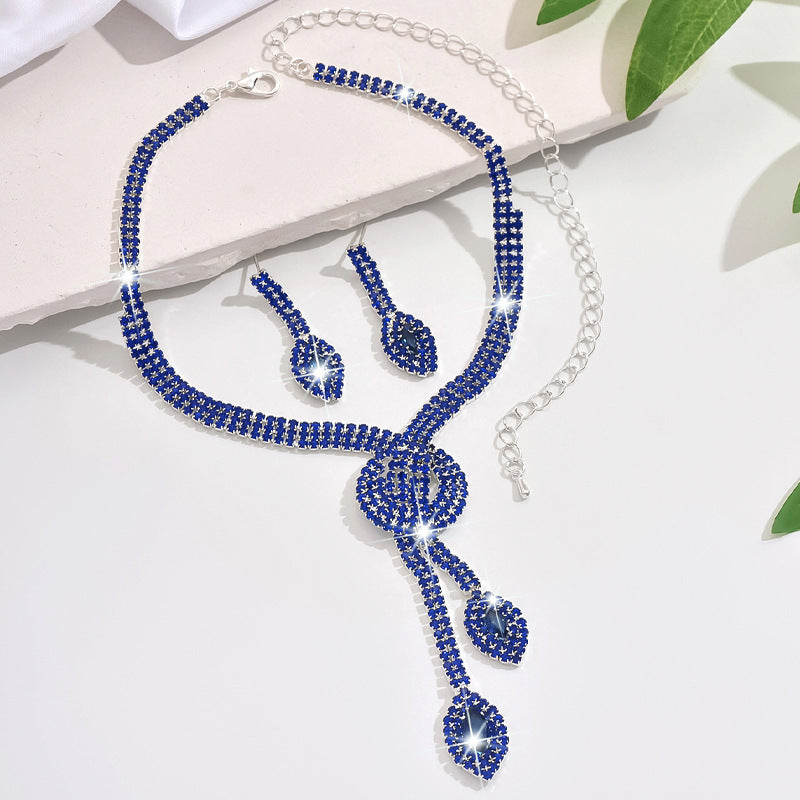 Geometric Teardrop Zircon Necklace and Earrings Set, Gold Silver Rose Gold or Royal Blue — detail close-up