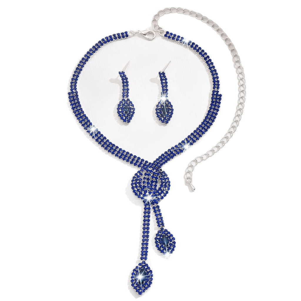 Geometric Teardrop Zircon Necklace and Earrings Set, Gold Silver Rose Gold or Royal Blue — shown in use