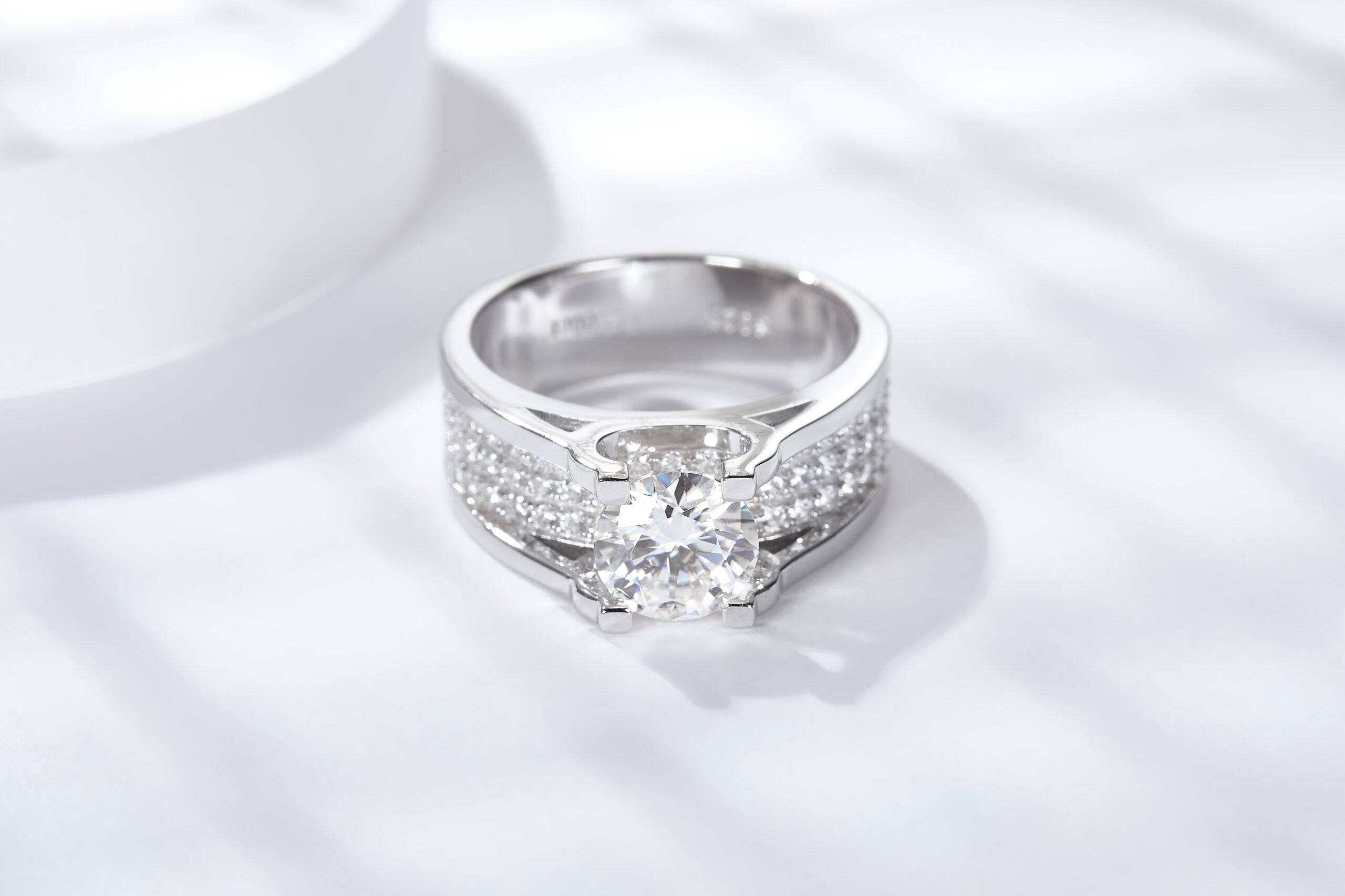 Sterling Silver Wide Band Moissanite Ring, 1ct or 2ct Stone — scale reference