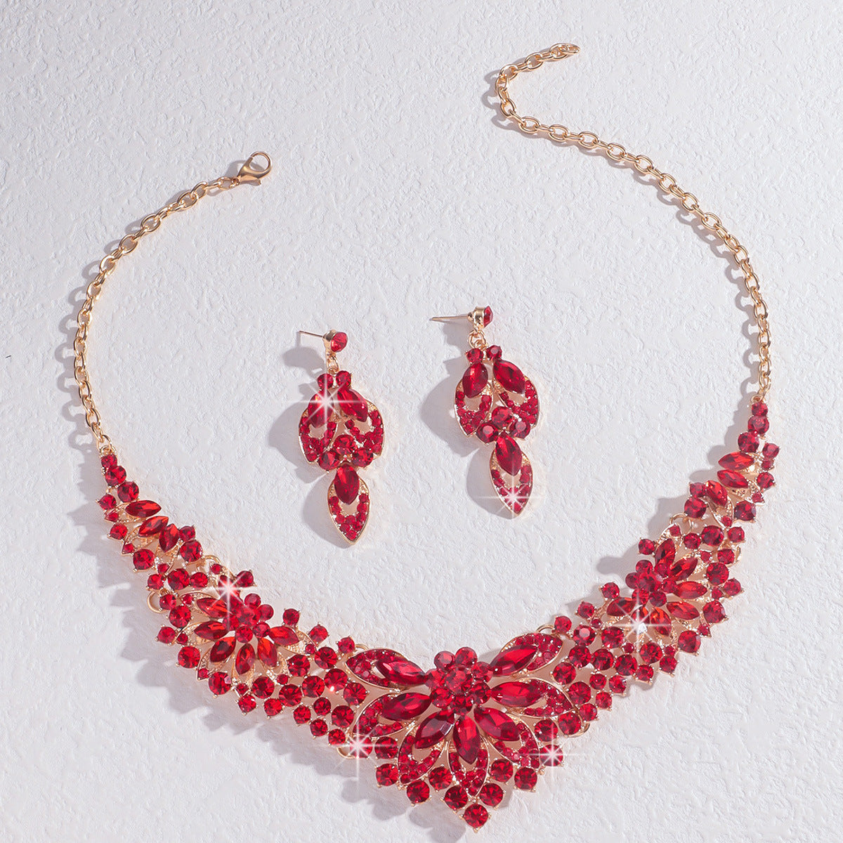 Bridal Necklace and Earrings Set, Silver Red Green or Blue Stones — shown in use