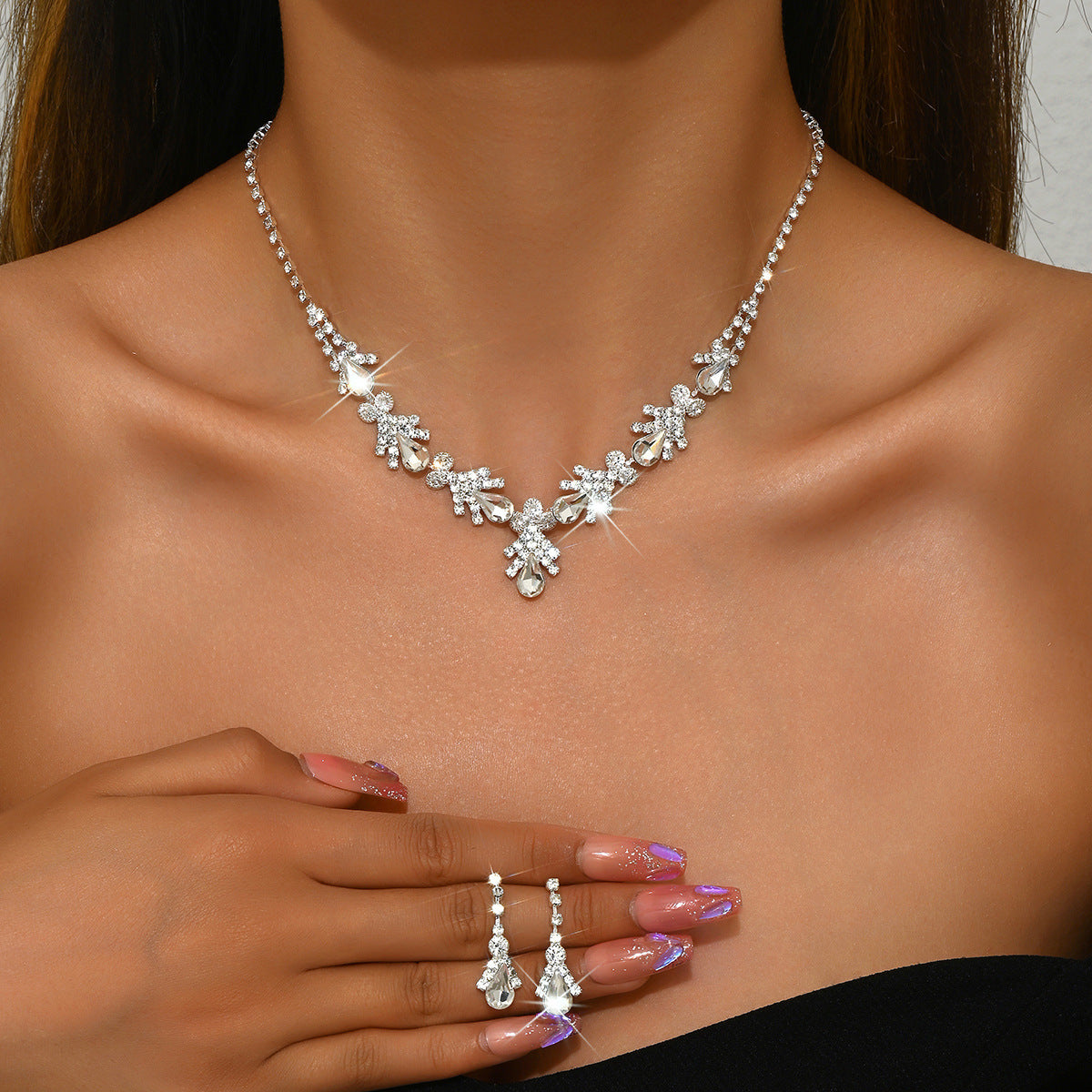 Geometric Teardrop Zircon Necklace and Earrings Set for Women