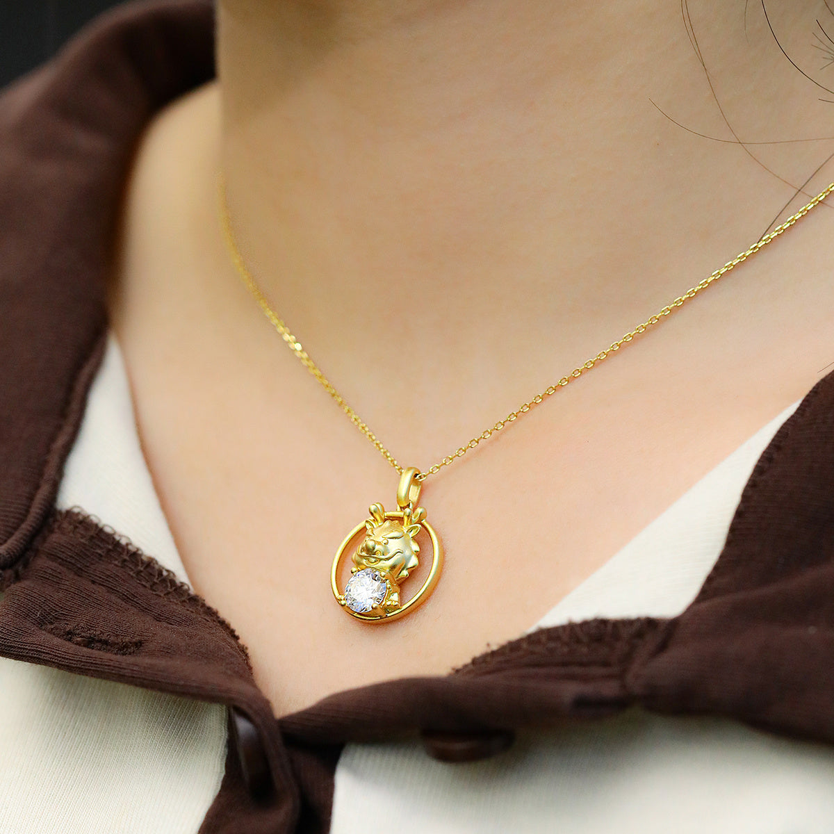 Sterling Silver Chinese Zodiac Dragon Necklace With 1 ct Moissanite, D Color VVS1 — front view