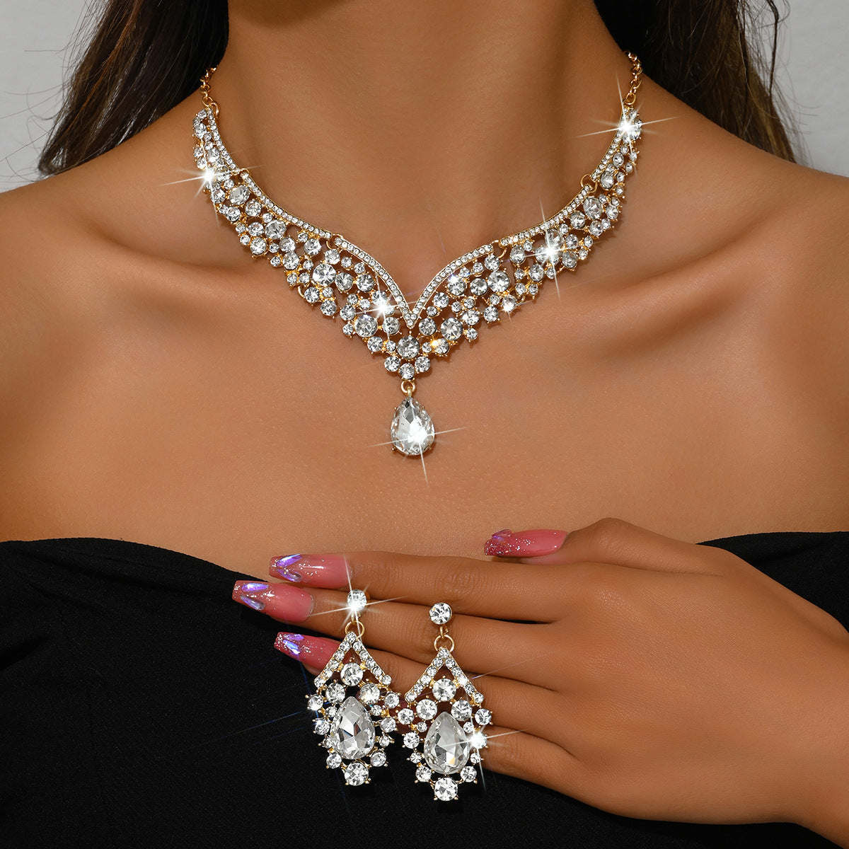 Stone-Set Flower Necklace and Earrings Bridal Set – Statement Wedding Jewelry
