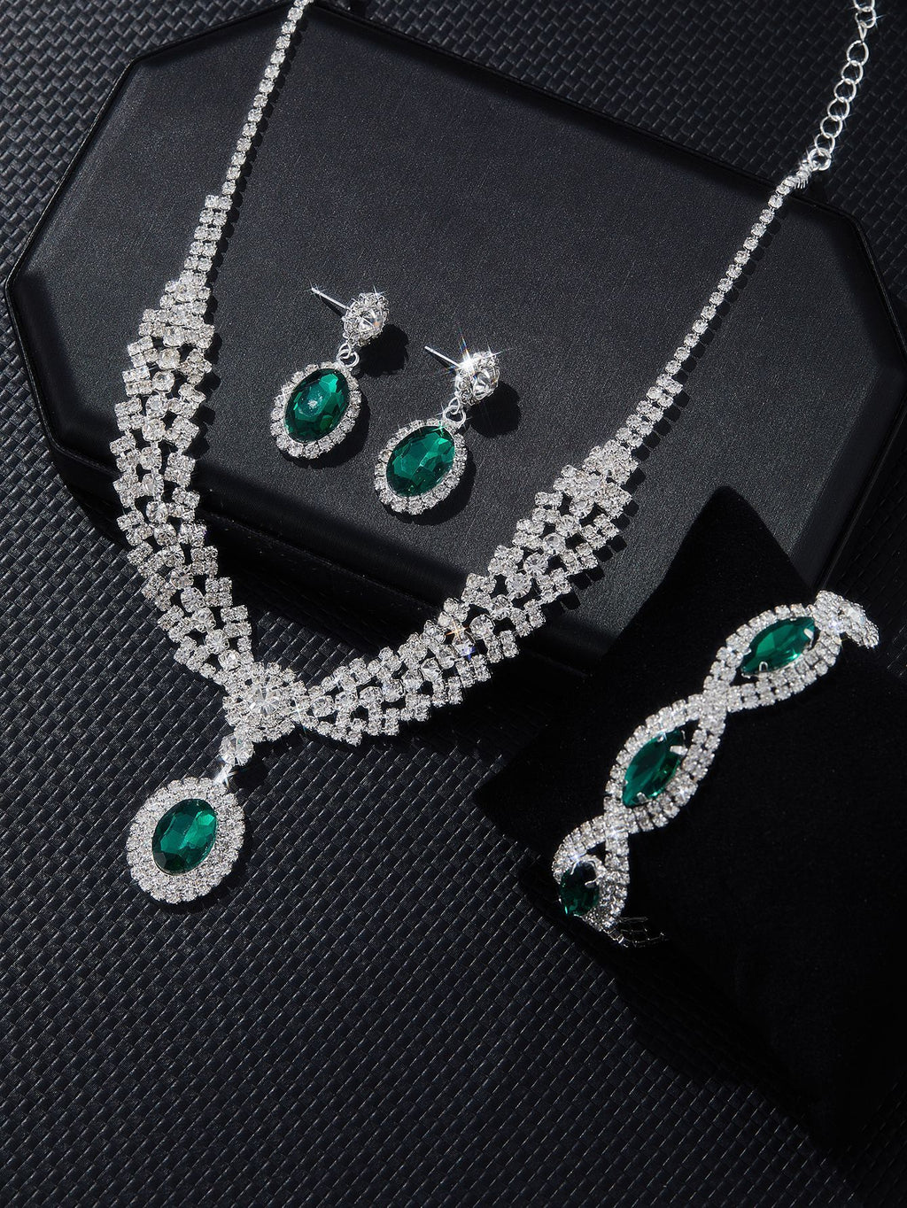 Colored Stone Necklace Jewelry Set for Women, 4-Piece Set in Black — front view