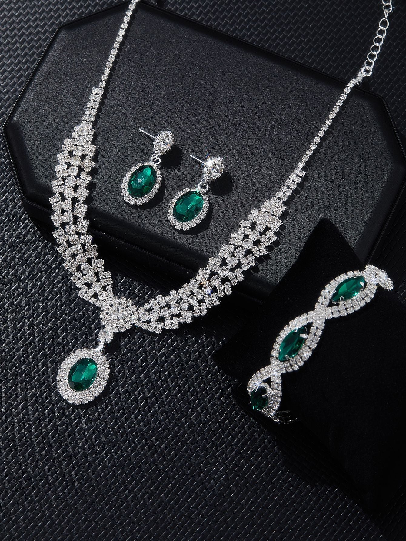 Colored Stone Necklace Jewelry Set for Women, 4-Piece Set in Black — front view