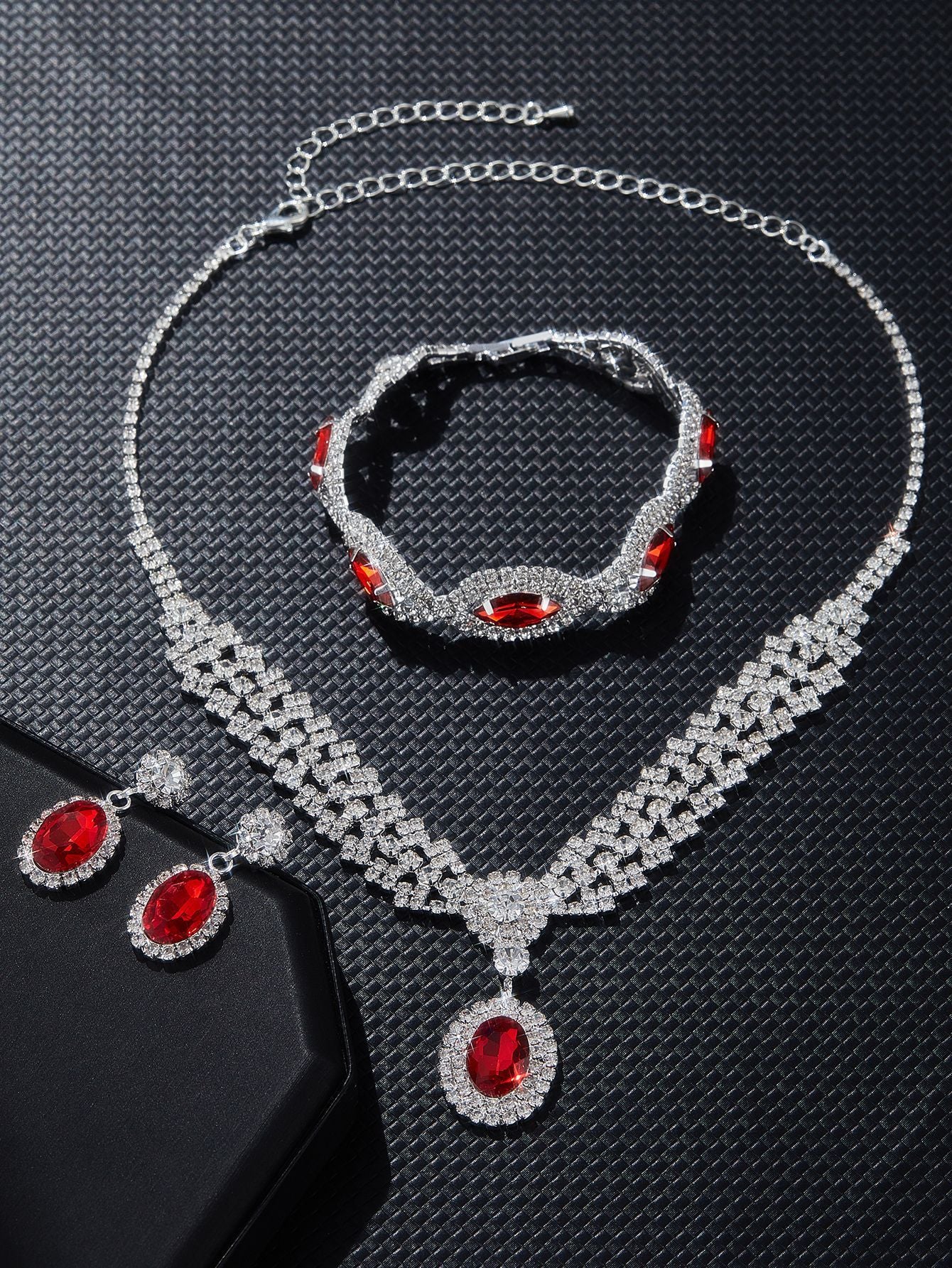Colored Stone Necklace Jewelry Set for Women, 4-Piece Set in Black, Blue, Red or Green