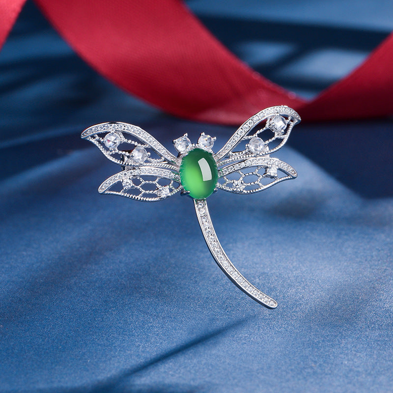 Sterling Silver Dragonfly Brooch With 8 x 6 mm Green Chrysoprase Cabochon, Platinum-Plated — alternate angle