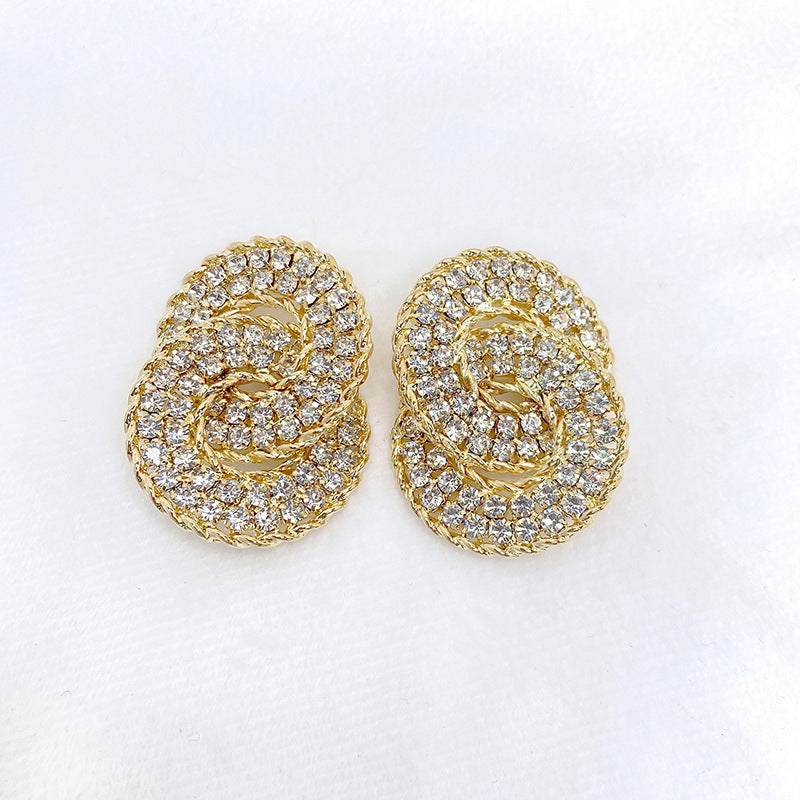 Double Arc Rhinestone Drop Earrings in Silver or Gold Tone, White — scale reference