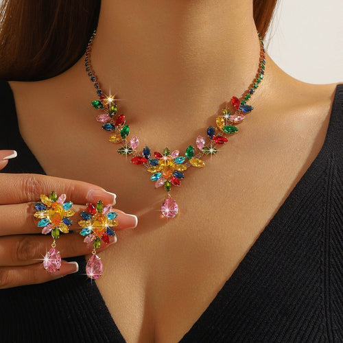 Bridal Zircon Jewelry Set, Teardrop and Leaf Rhinestone Necklace with Earrings — front view