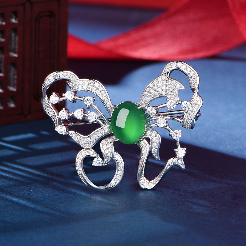 Sterling Silver Butterfly Brooch With 8 x 10 mm Green Chrysoprase Cabochon, Platinum-Plated — alternate angle