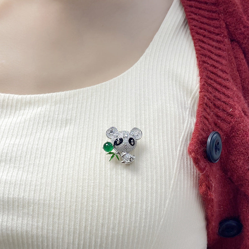 Sterling Silver Panda Brooch With 8 x 6 mm Oval Green Chalcedony and Pave Stones — alternate angle