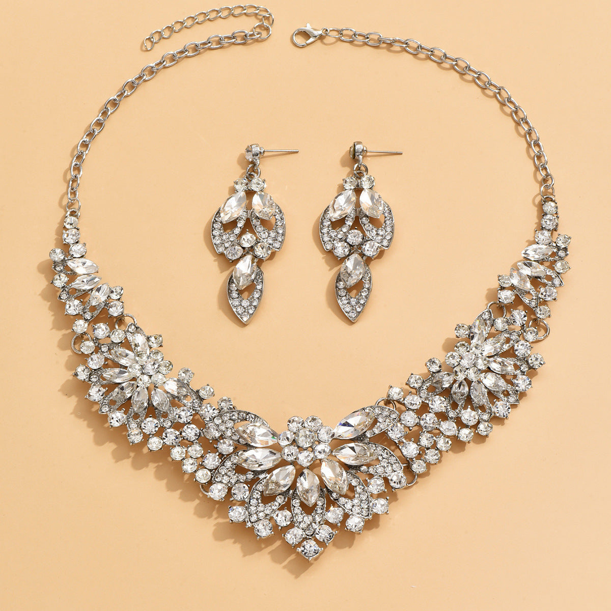 Stone-Set Flower Necklace and Earrings Bridal Set – Statement Wedding Jewelry