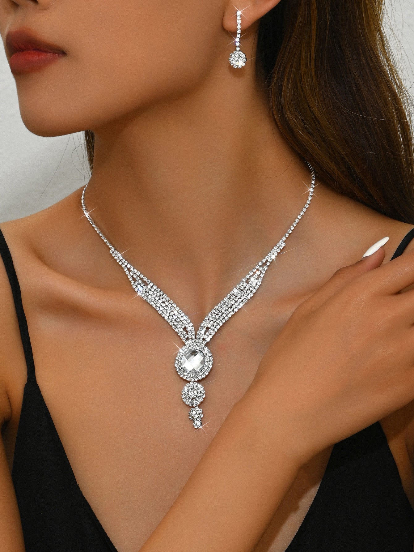 Geometric Teardrop Zircon Necklace and Earrings Set for Women