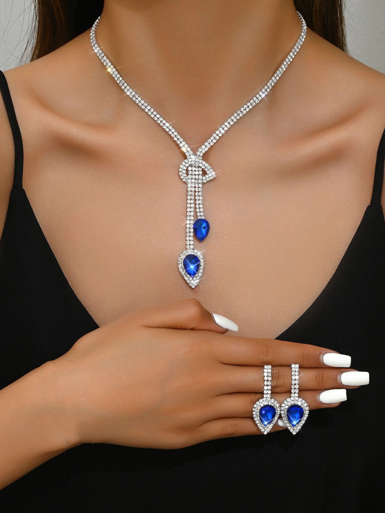 Geometric Teardrop Zircon Necklace and Earrings Set for Women