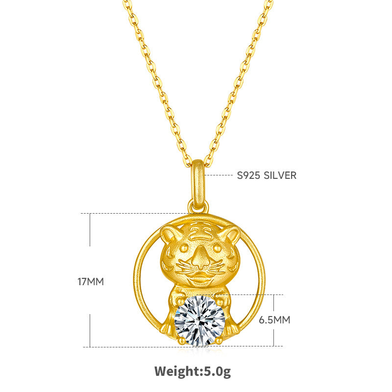 Sterling Silver Chinese Zodiac Tiger Necklace With 1 ct Moissanite, D Color VVS1 — detail close-up