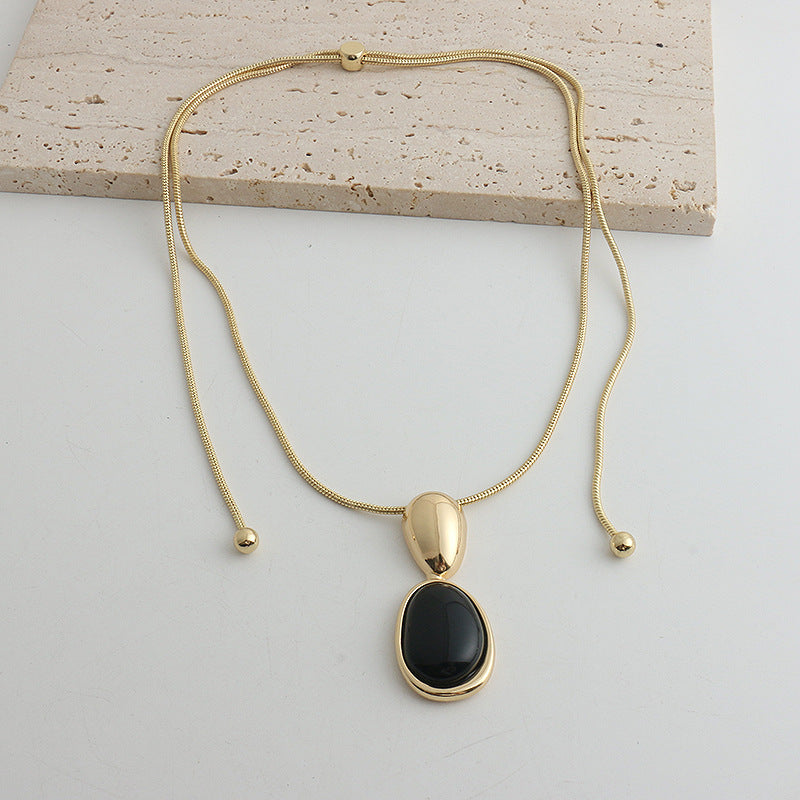 Black Onyx Necklace or Earrings in Gold or Silver Tone, Irregular Stitched Design — full product view