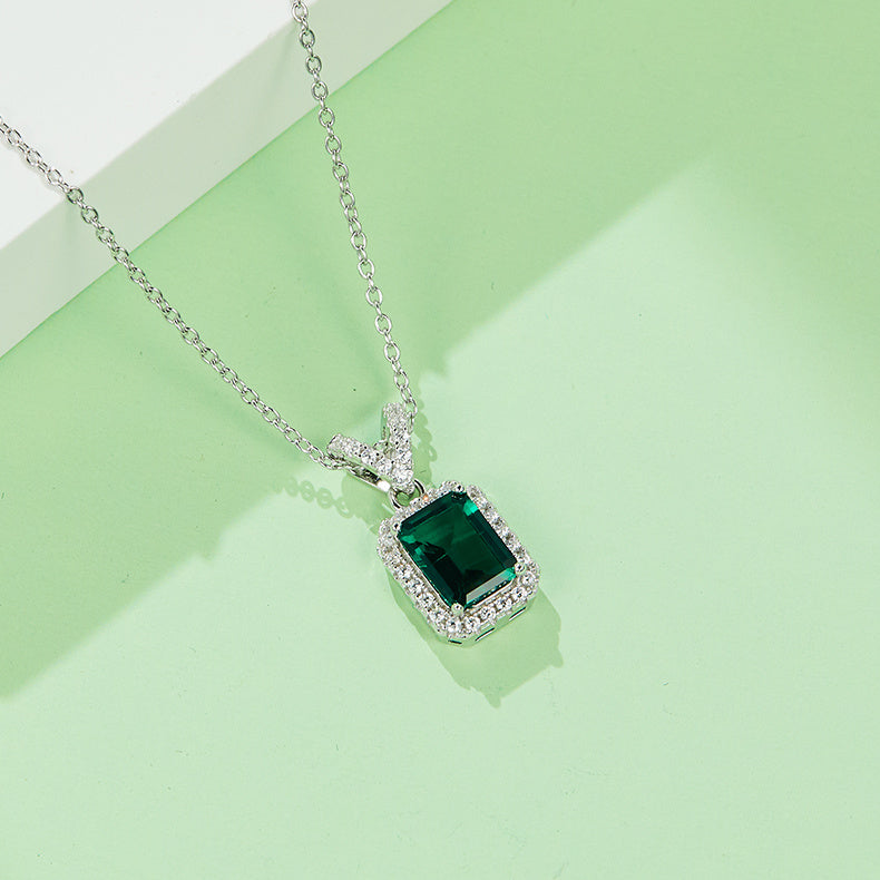 Sterling Silver Lab-Grown Emerald Pendant Necklace, Emerald Cut with Halo — alternate angle