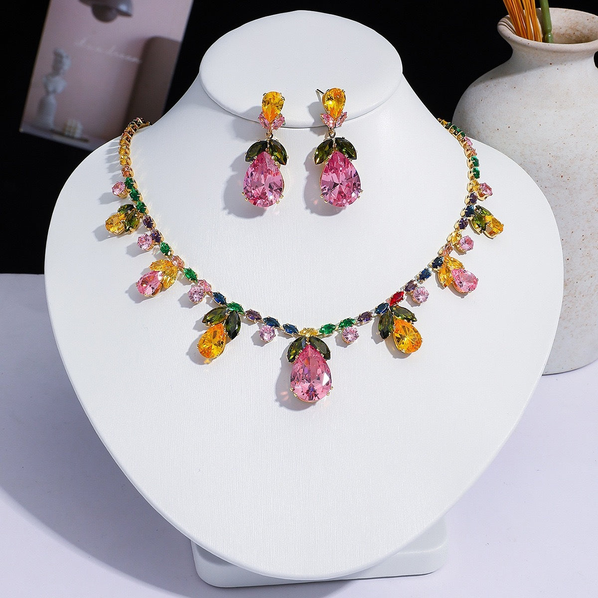 Pink Cubic Zirconia Leaf Jewelry Set, Gold-Plated Teardrop Necklace and Drop Earrings — front view
