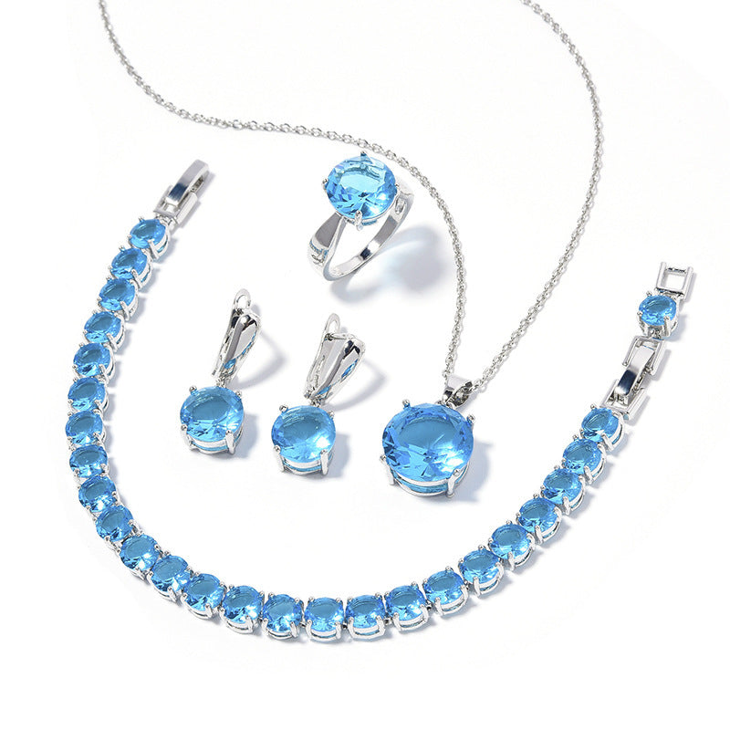 Geometric Round-Stone 4-Piece Jewelry Set with Ring – Sizes 6 to 9