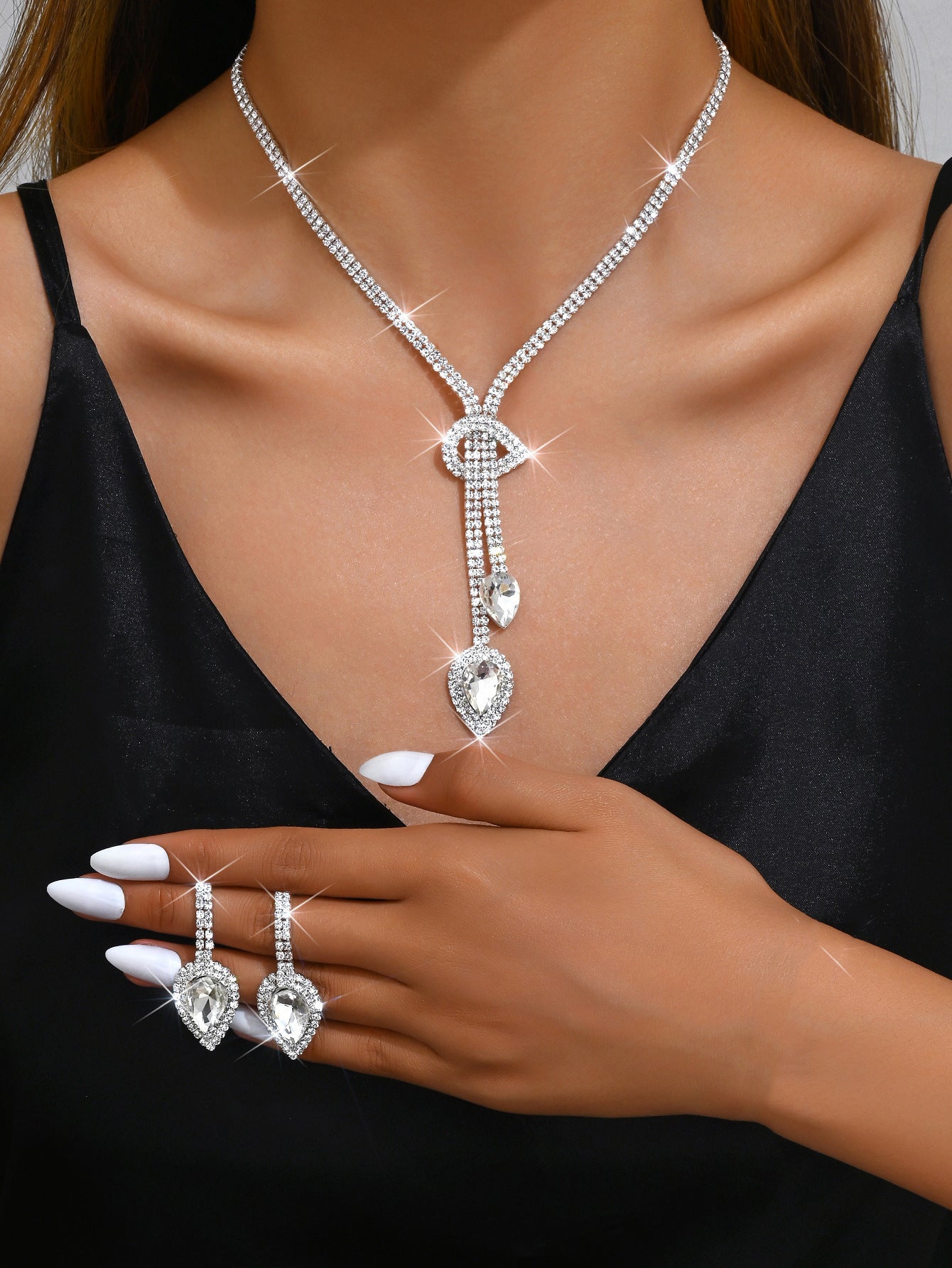 Geometric Teardrop Zircon Necklace and Earrings Set for Women