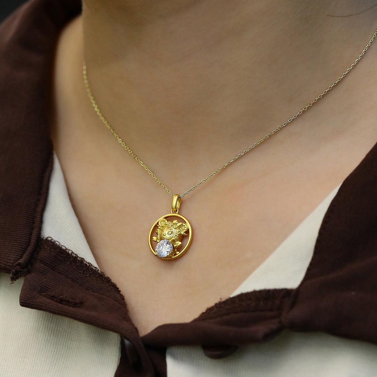 Sterling Silver Chinese Zodiac Goat Necklace With 1 ct Moissanite, D Color VVS1 — front view